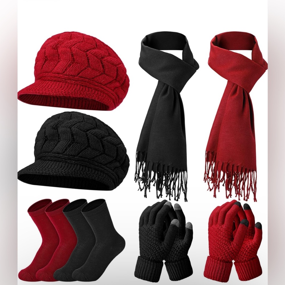 Women Winter Warm Knit Hat Scarf cap and Glove Wine Red - Picture 2 of 7